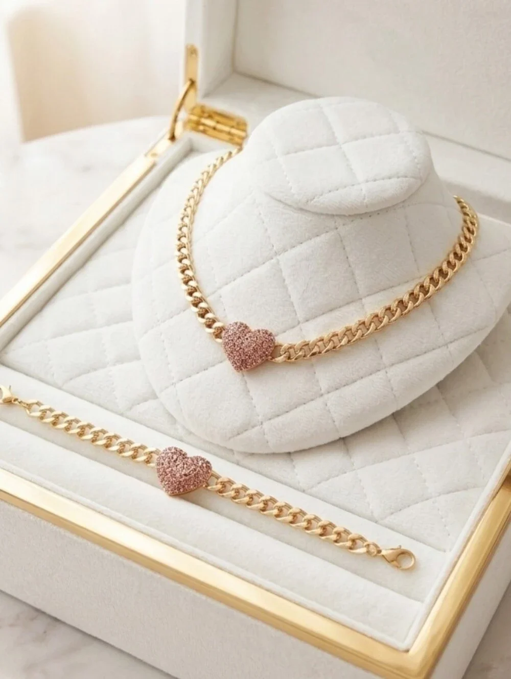 ✨ Romantic Pink Pavé Heart Gold Plated Statement Jewelry Set NWT